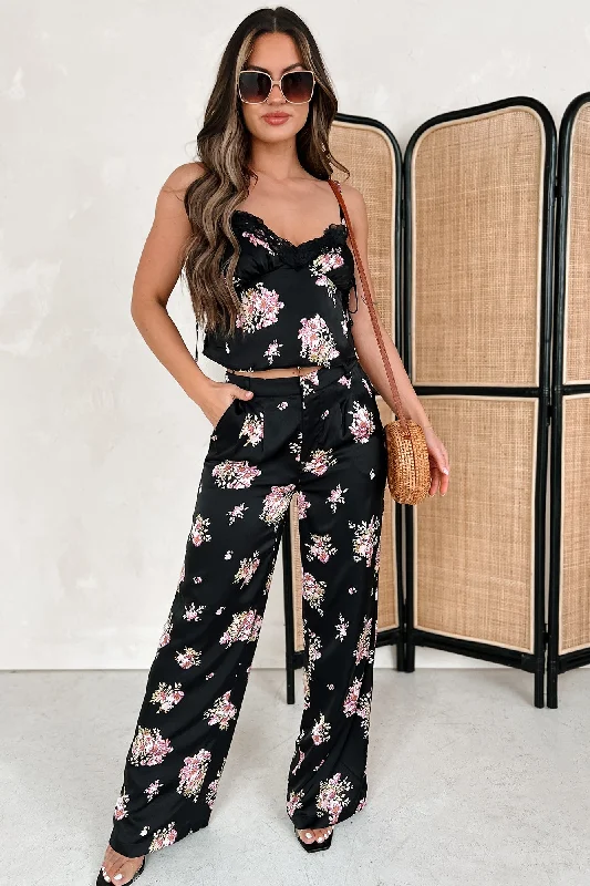 Keeping The Romance Alive Satin Floral Cami Top (Black)