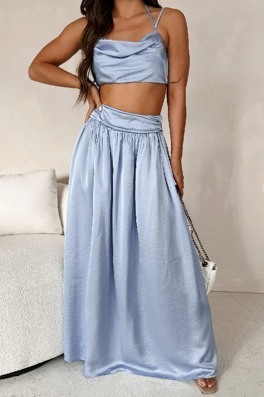 Sophisticated Beauty Satin Two-Piece Skirt Set (Light Blue)