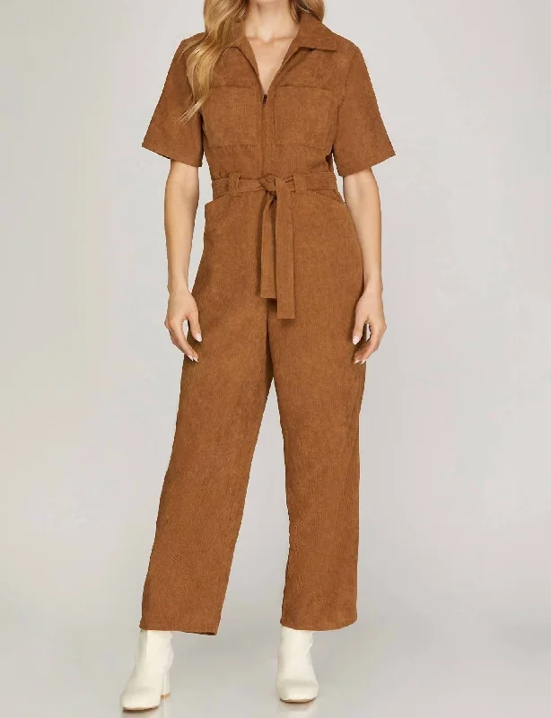 Corduroy Belted Jumpsuit In Camel