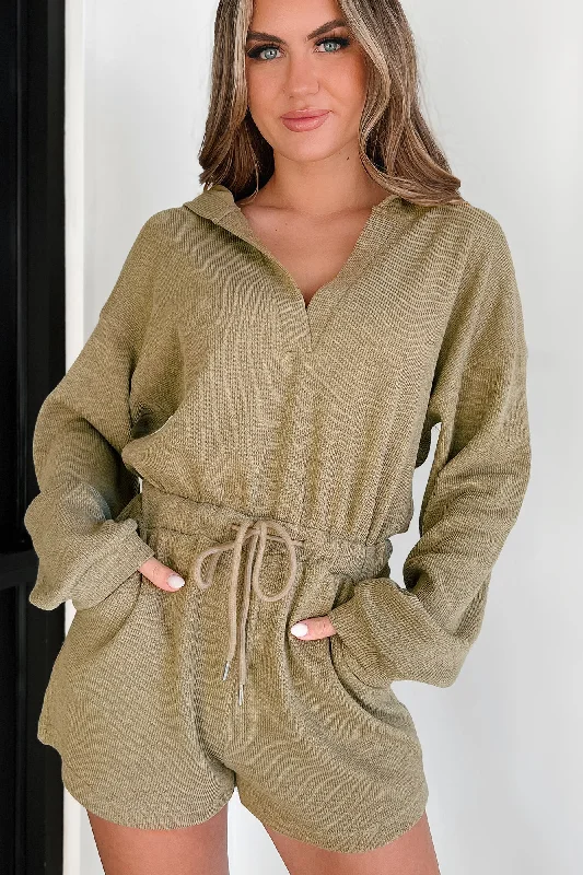 Cozy Contender Hooded Drawstring Waist Romper (Olive)