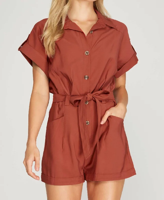 Drop Shoulder Woven Twill Romper With Pockets In Rust