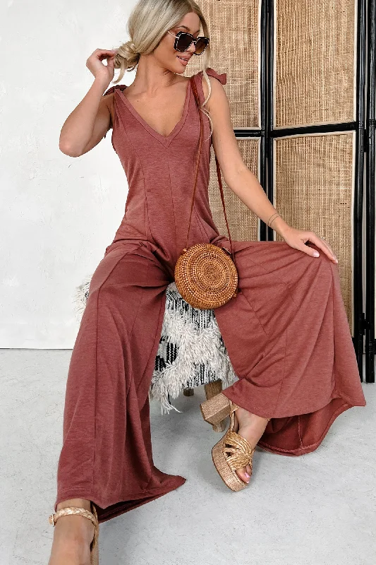 Iconic Comfort Shoulder Tie Wide Leg Jumpsuit (Marsala)