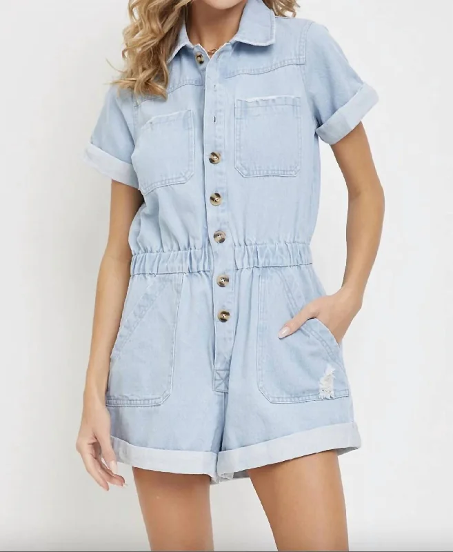 Light Denim Collar Romper In Light Wash