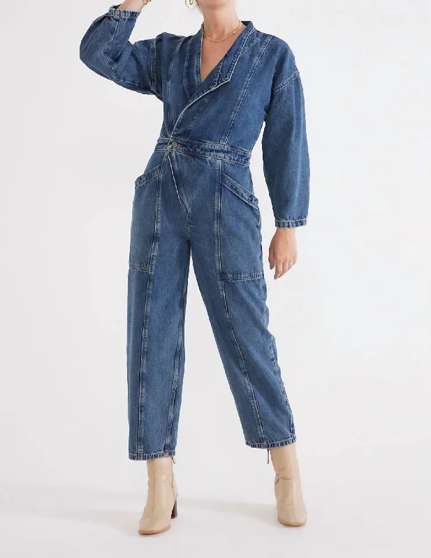 Liv Asymmetric Denim Jumpsuit In Arctic Storm