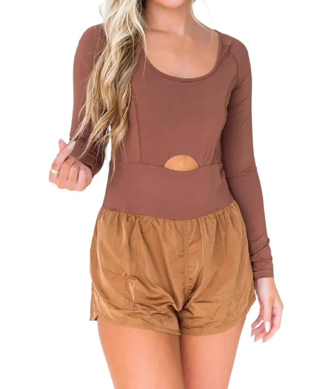 Long Sleeve Active Romper In Chocolate