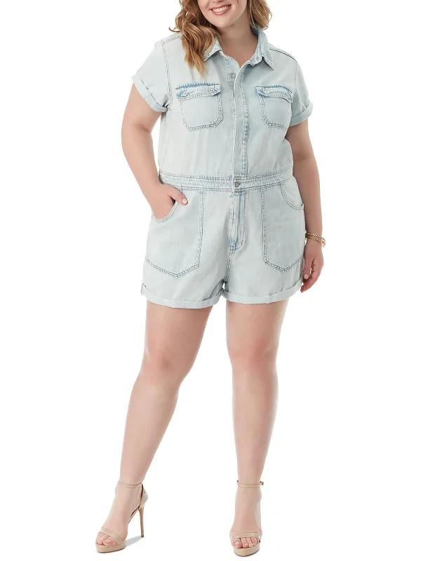 Plus Womens Cuffed Denim Romper