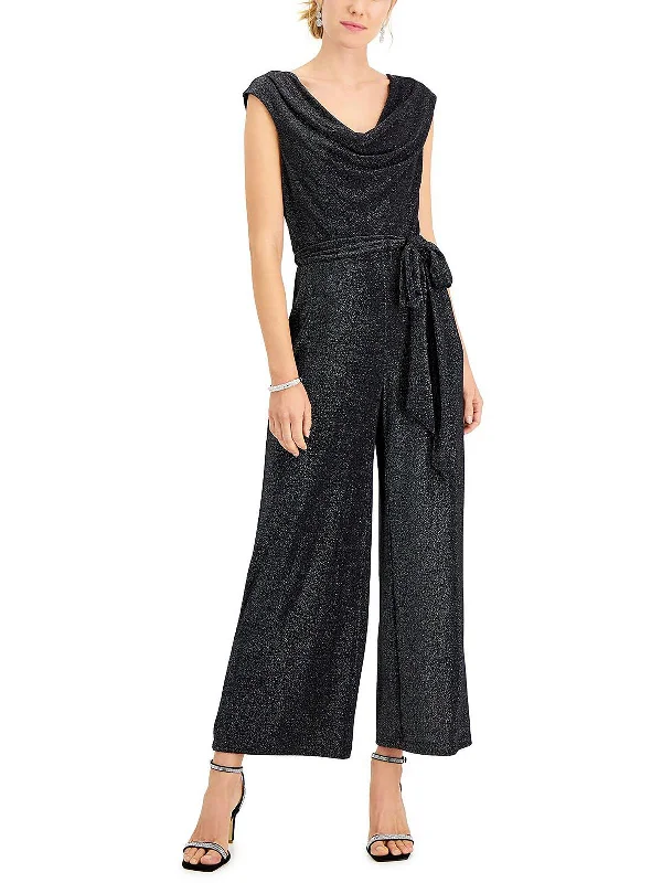 Plus Womens Metallic Cowl Neck Jumpsuit