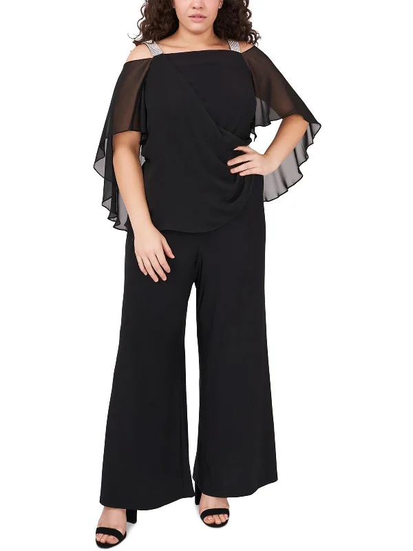 Plus Womens Sheer Overlay Rhinestones Jumpsuit