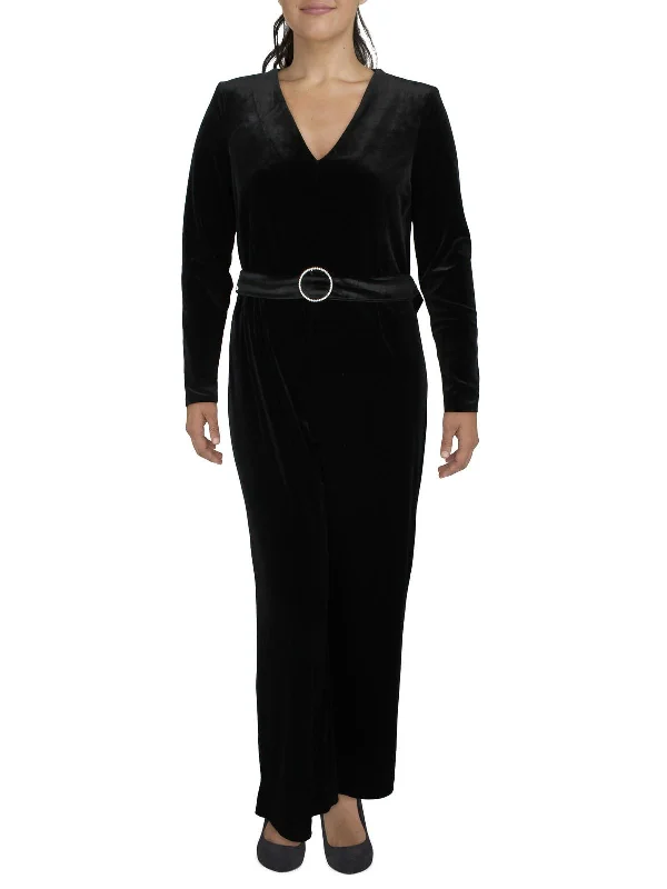 Plus Womens V-Neck Long Sleeve Velour Jumpsuit