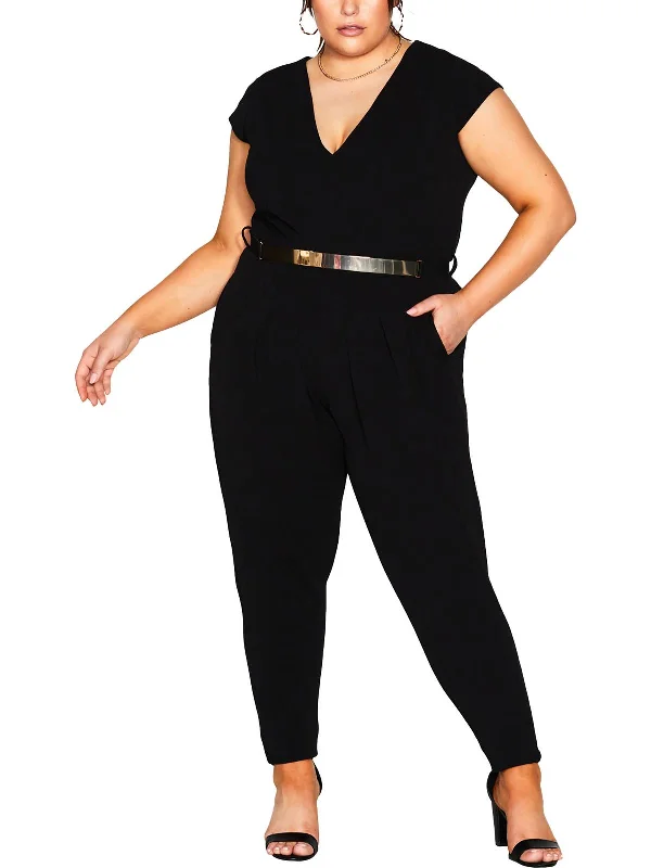 Plus Womens V Neck Tapered Leg Jumpsuit