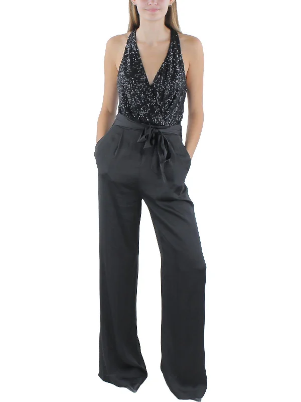 Rebekah Womens Silk Tie Front Jumpsuit