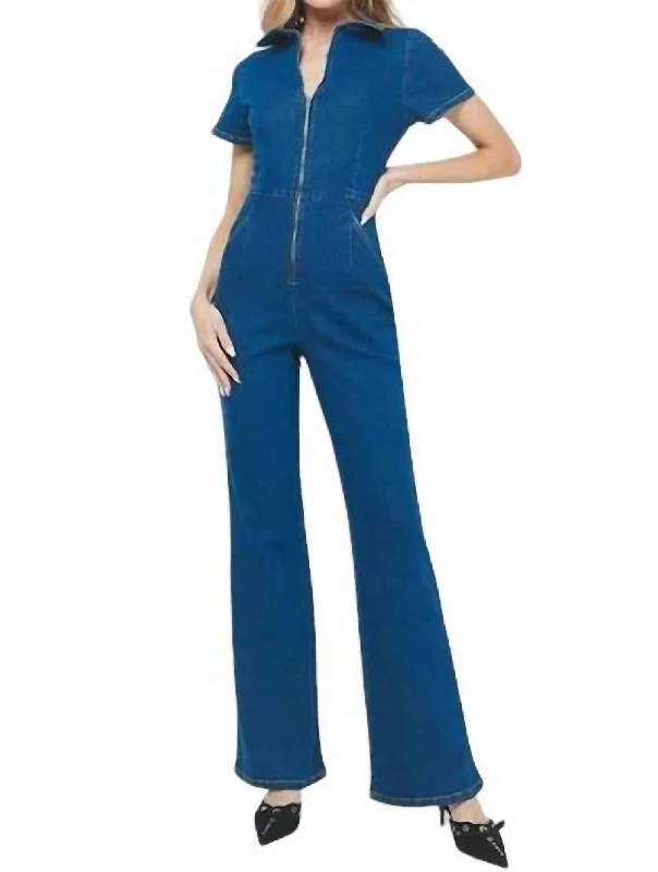 Short Sleeve Denim Jumpsuit In Blue