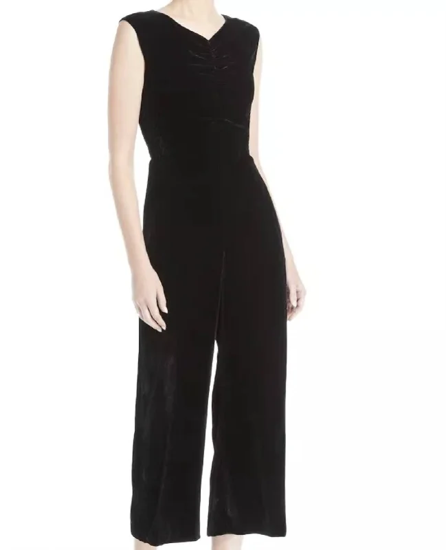 Sleeveless Ruched Velvet Jumpsuit In Black