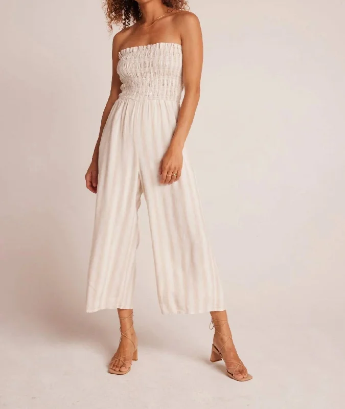 Smocked Strapless Jumpsuit In Playa Sand Stripe