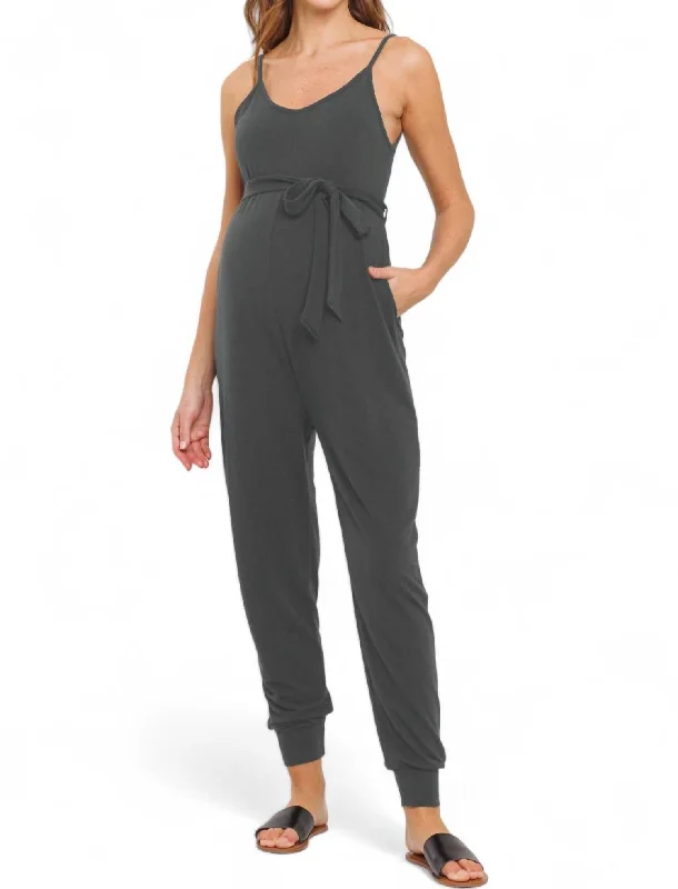 Solid Belted Maternity Cami Jogger Jumpsuit In Dark Grey