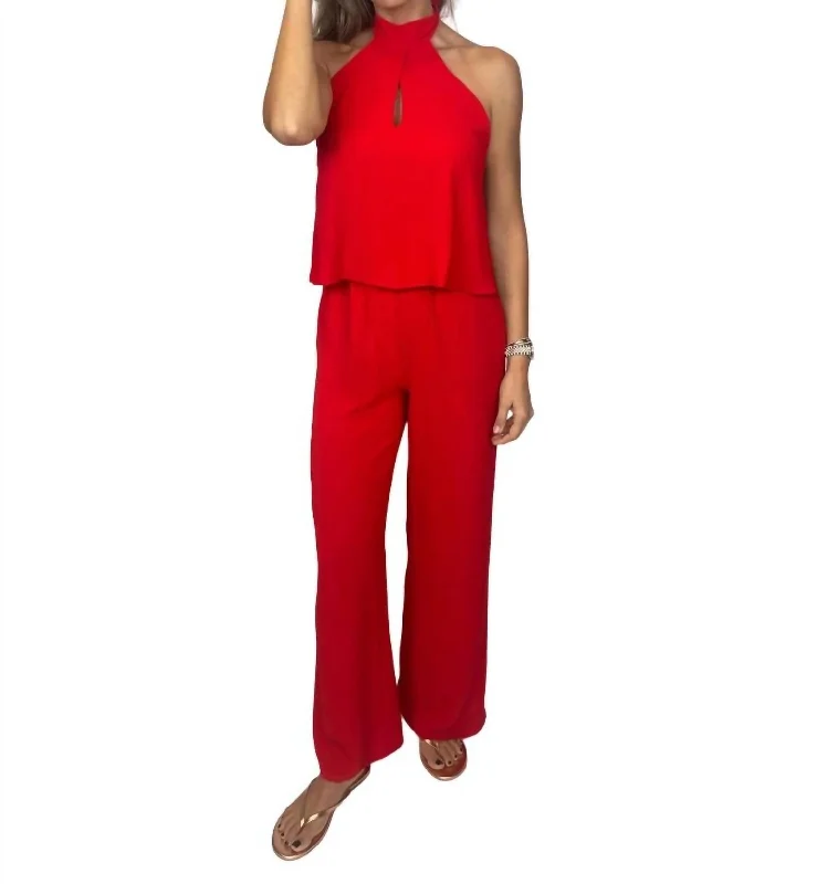 Teardrop Keyhole Halter Jumpsuit In Red