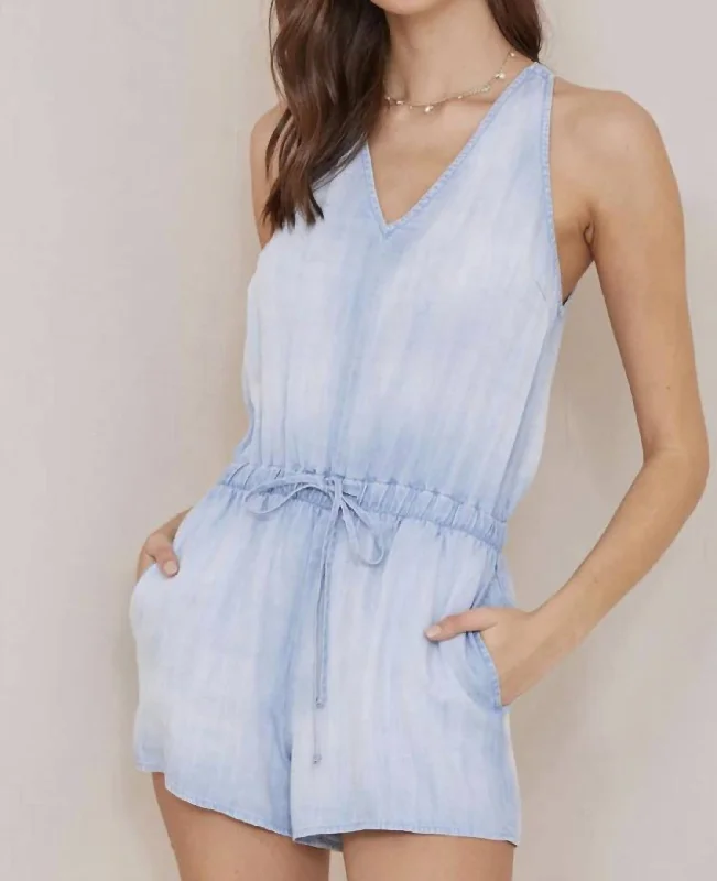 Tie Neck Sleeveless Romper In Light Mist