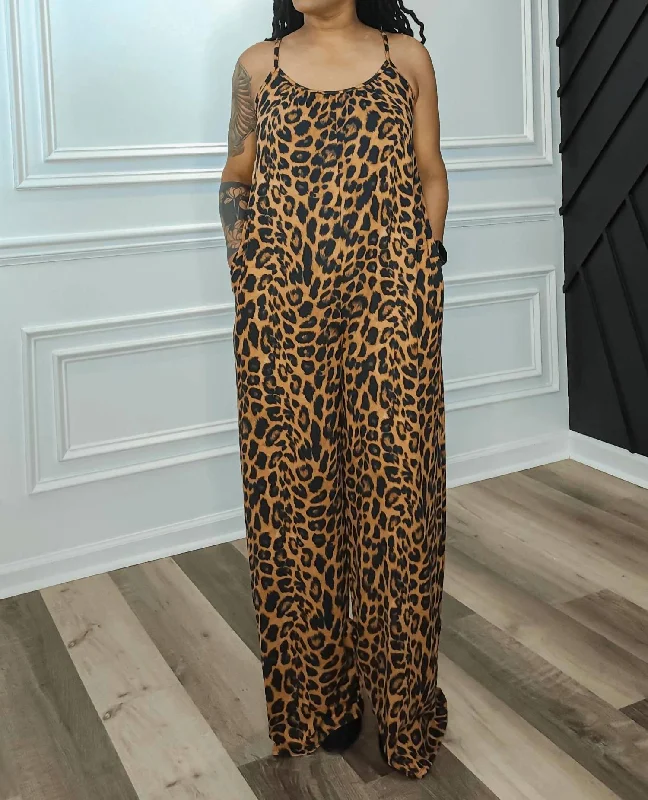 Wide Leg Jumpsuit With Pockets In Leopard Print