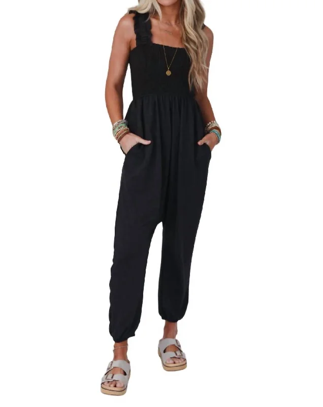 Willow Smocked Harem Jumpsuit In Charcoal