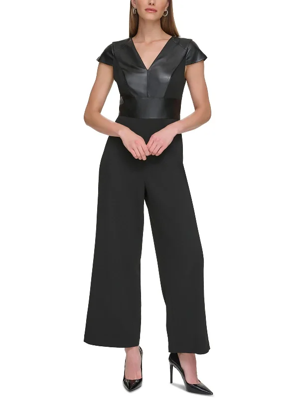 Womens Cap Sleeve Mixed Media Jumpsuit