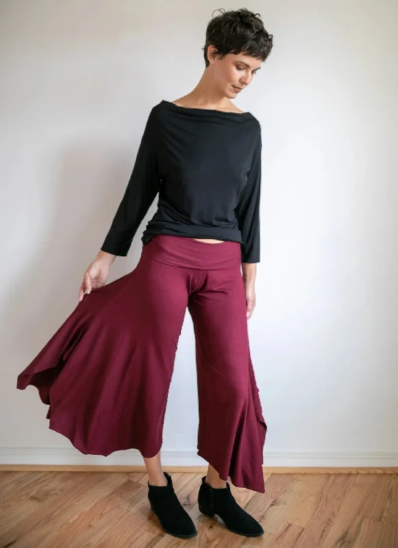 Wide Leg High Waist Gaucho Pants with Fold Over Waistband in Burgundy