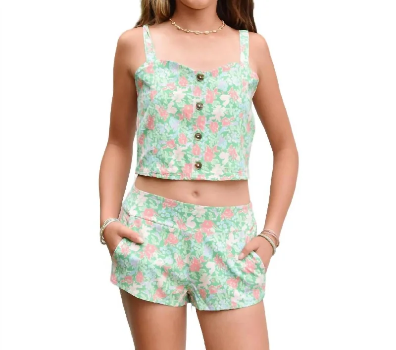 Preppy Floral Tilly Shorts In Green Floral